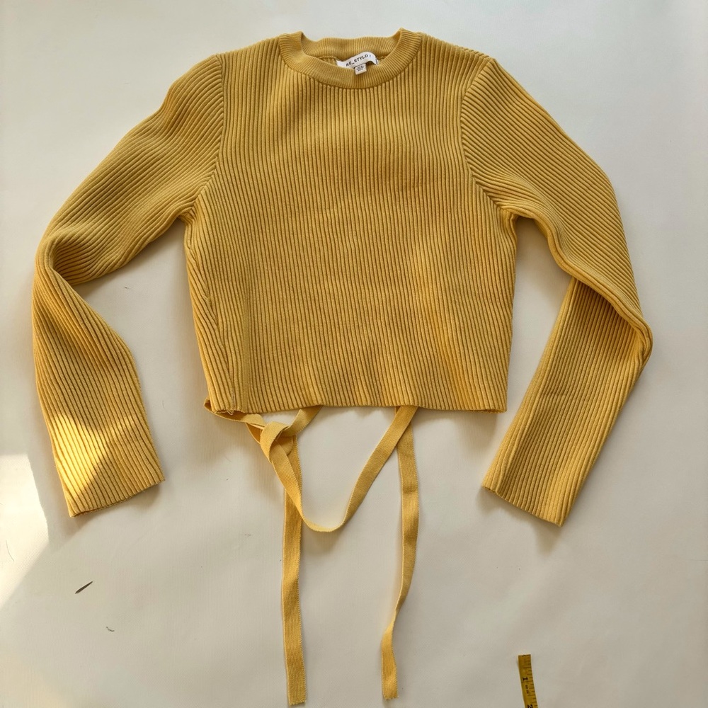Re_Styld Crop Sweater With Open Back And Cross Ties Yellow Size S Ribbed